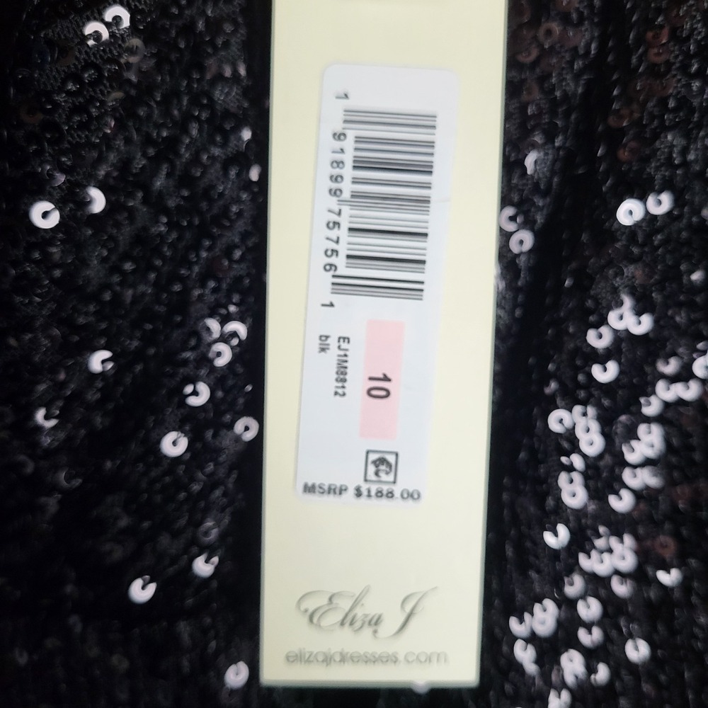 Eliza J Sequined Dress Women's 10 Black Faux Wrap Balloon Sleeves V Neck NWT - Picture 9 of 16